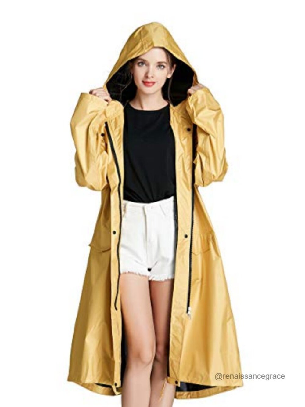 Women's Long Waterproof Raincoat Hood Zipper Pockets